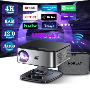 Proiettore HORLAT 4K Android 35000 Lumen, Decodifica 8K, Beamer Video Audio per Home Theater, Autofocus, Correzione Trapezoidale, WiFi 5G, Proiettore Portatile