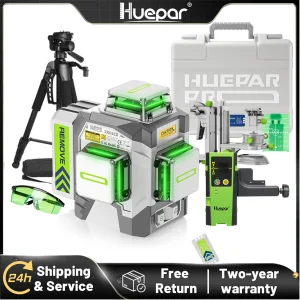 Huepar Set di livelli laser a 12 linee con treppiede rilevatore Precisione 3D ±2mm Strumenti laser autolivellanti a linee incrociate con telecomando