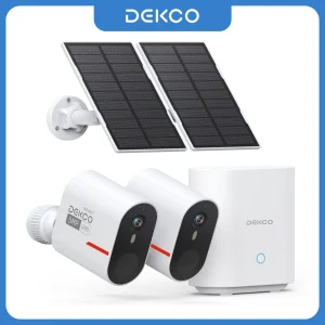 Dekco Sistema di Telecamere Solari Wireless 5MP, Kit 2 Telecamere, Set di Telecamere di Sicurezza WiFi Solari per Esterni, Visione Notturna a Colori, Comunicazione Bidirezionale