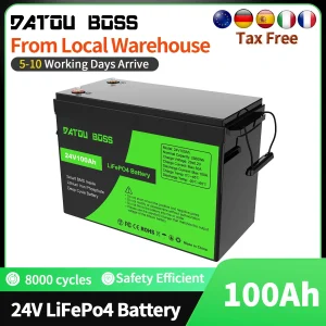 Batteria al litio LiFePO4 DATOUBOSS 24V 100Ah 2560Wh con 100A BMS perfetta per camper, carrello da golf, sistema di energia solare, motore da traina