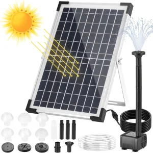 Pompa solare per stagno 12W, fontana solare 500L/h, pompe per fontana solare con tubo dell’acqua da 1M fai da te, 9 ugelli, lunghezza cavo 3,25M
