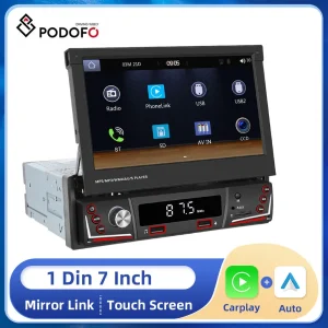 Podofo 1 din Wireless Android Auto CarPlay Video Multimedia Player MP5 schermo retrattile che collega Auto BT/FM/USB/AUX universale