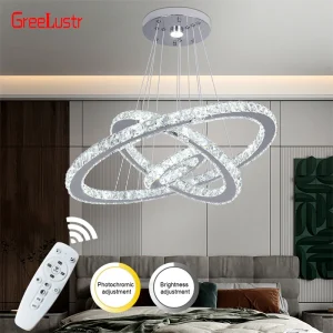 Anelli di cristallo moderni lampadario a Led lampada da soffitto di lusso per interni dimmerabile e telecomando illuminazione Pendan apparecchi di lucentezza cromati