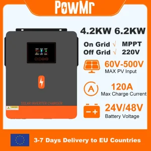PowMr 6.2KW 4.2KW Inverter solare ibrido 24V 48V 230V On Off Grid Inverter sinusoidale puro Doppia uscita con caricatore solare MPPT 120A