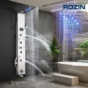 Pannello doccia da bagno con luce a LED Sistema di colonna doccia LCD intelligente con miscelatore da bagno a getto per massaggio a cascata di pioggia a 6 modalità