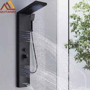 Pannello doccia a LED nero Sistema a torre Pioggia Cascata Colonna doccia Idroelettricità Massaggio Corpo Spa Bagno Rubinetto doccia Miscelatore