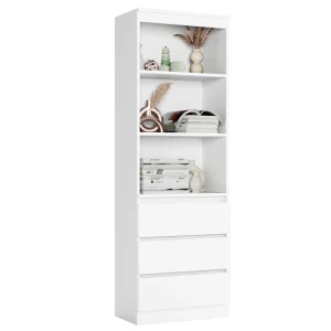 Getone Libreria alta, libreria da soggiorno con 3 cassetti e 3 ripiani, vetrina indipendente per armadio portaoggetti 60x35x180 cm Bianco/Nero/Rovere