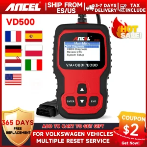 ANCEL VD500 OBD2 Scanner Strumento diagnostico per auto Servizio olio Reset EPB Freno TP Controllare Clear DTC SRS per Audi per VW per Skoda Seat