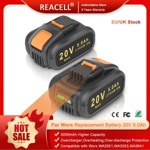 Batteria REACELL 20V 5.0Ah per serie Worx, batteria sostitutiva agli ioni di litio per utensili elettrici a batteria Worx, accessorio Worx per batteria da 20V