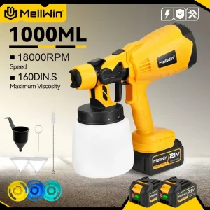 MELLWIN 1000ML Pistola a spruzzo elettrica Spruzzatore di vernice senza fili portatile HVLP Mobili per auto Spruzzatore domestico per Makita 18VBatteria Pin