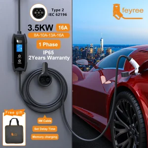 feyree EV Charger Type2 3.5KW 16A Scatola di ricarica portatile Set Corrente e impostazione Tempo di ritardo Cavo da 5M per caricabatteria per auto per veicoli elettrici