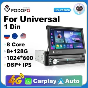 Podofo 1din Autoradio CarPlay Navigazione GPS Schermo retrattile IPS 1 Din Android 11 Lettore multimediale Audio video universale