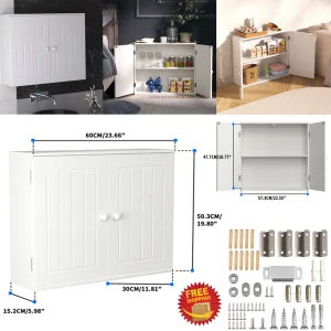 DayPlus Mobiletto da parete per bagno da cucina, mobiletto portaoggetti con ripiani portaoggetti a doppia anta, indipendente