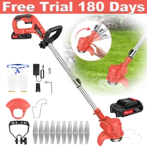 Tagliaerba elettrico a batteria 21V con batteria, tosaerba rosso, tagliaerba da potatura, attrezzi da giardino per pulire le erbacce e i fiori