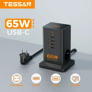 TESSAN PD Caricatore USB C da 65 W Caricatore rapido GaN multiplo con 6 porte e 2 prese CA Stazione di ricarica USB multipla con 2 m