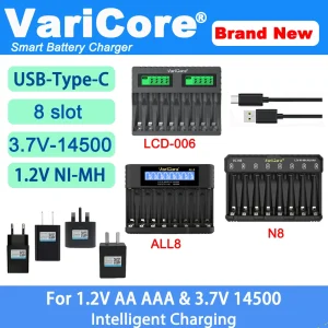 VariCore LCD-006/N8/ALL8 Caricabatteria intelligente a 8 slot portatile per 1,2 V NI-MH Ni-Cd AA AAA 3,7 V 14500