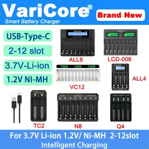 VariCore Caricabatteria intelligente portatile a 2-12 slot per litio 3,7 V 18650 26650 21700 18500 18350 1,2 V NI-MH Ni-Cd AA AAA