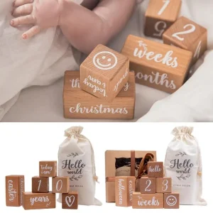 1Set Baby Month Milestone Card blocco di faggio quadrato inciso neonato mese di nascita pietre miliari di compleanno Block puntelli fotografici