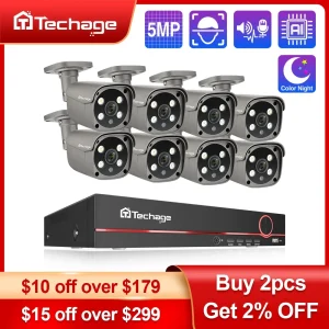 Techage 8CH 5MP HD POE CCTV Sistema di telecamere di sicurezza Video sorveglianza domestica Kit NVR Face Detection Set di telecamere IP esterne Xmeye