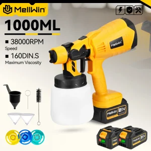 MELLWIN 1000ML Pistola a spruzzo elettrica Cordless Spruzzatore di vernice Compatibile Mobili per auto Pistola a spruzzo in acciaio per Makita 18V Batteria Pin