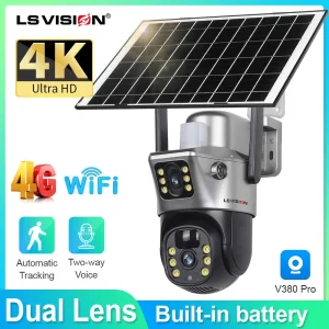 LS VISION 8MP 4G SIM Card telecamere solari a doppio schermo 4K WiFi PTZ doppia lente batteria integrata telecamera di sicurezza con tracciamento automatico umano