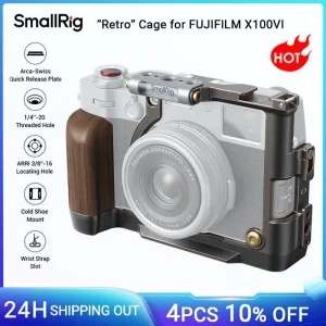 SmallRig X100VI gabbia “retrò” per FUJIFILM X100VI, con impugnatura in legno, piastra a sgancio rapido Arca-Swiss incorporata per treppiede 4557