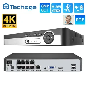 Techage 8CH 4K PoE NVR H.265 8MP 5MP 4MP Videoregistratore di rete Audio a 2 vie per sistema di sorveglianza Face Tracking Telecamera di sicurezza