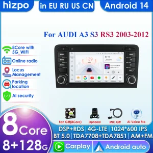 Wireless Carplay AutoRadio 2Din Android 14 Lettore multimediale per auto per Audi A3 8 11 P S3 2003-2012 RS3 Sportback Navigazione GPS 4G