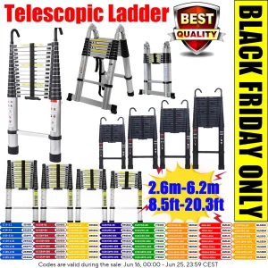 Scala telescopica 2,6 m-6,2 m, scala di estensione per carichi pesanti pieghevole multiuso allungabile portatile in alluminio
