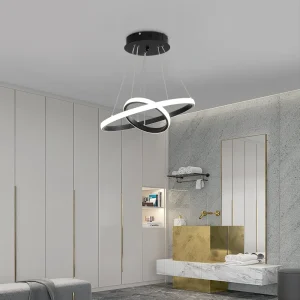 Lampada a sospensione moderna a LED 32W, lampada da soffitto Salon 2 anelli 6500K luci bianche, lampada lampadario nera per sala da pranzo camera da letto