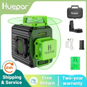 Huepar 2 x 360 Linea trasversale Livello laser autolivellante Batteria agli ioni di litio con raggio verde con porta di ricarica di tipo C e custodia rigida
