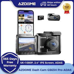 AZDOME Dash Cam GS63H Pro 4K+1080P Registrazione a doppio canale Schermo IPS da 2,4” ADAS GPS WiFi 6 APP 130 °   Monitor di parcheggio FOV per auto DVR 24 ore