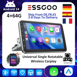ESSGOO Android 14 Autoradio universale girevole singola Carplay Lettore multimediale GPS Navi Stereo automobilistico