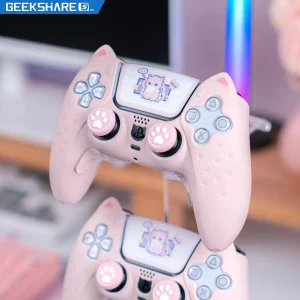 GeekShare PS5 Controller Case Set Silicone Cute Cat Thumb Grip Caps + PS5 Controller Shell Cover + Stiker per SONY Playstation 5