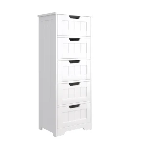 Mobiletto del bagno Getone, mobiletto del bagno, armadio portaoggetti indipendente con 5 cassetti, muslimate in legno bianco