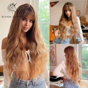 Parrucca sintetica ondulata lunga unicorno bionda con frangia Ombre Miel biondo per donne bianche nere parrucche giornaliere in fibra resistente al calore