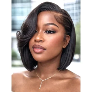 UNice Bye-Bye Knots ™   Parrucca Bob a Strati con Parte Laterale in Pizzo 7×5 e Frangia Laterale, Densità 150%, con Cordoncino, Senza Colla, in Capelli Umani