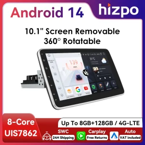 Autoradio Android universale HIZPO 1Din da 10,1″ 360 °   Unità principale multimediale con schermo girevole 4G CarPlay RDS DSP GPS Navi