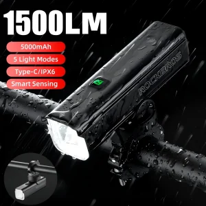 ROCKBROS Luce per bici 1500LM5000mAh Tipo-C Luce per bicicletta Controllo della temperatura IPX6 Luce a LED in alluminio Lampada frontale Faro per ciclismo