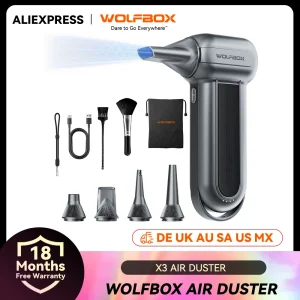 WOLFBOX MF100 Soffiatore d’Aria Elettrico – 150000 RPM Super Potente, Motore Brushless Ricaricabile a 3 Velocità per Auto/PC/Casa/Esterni