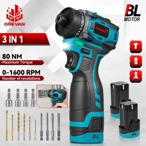 ONEVAN 3 IN 1 Cacciavite per trapano elettrico senza spazzole 80NM 1600 giri/min Cacciavite elettrico per trapano a percussione a batteria per batteria al litio
