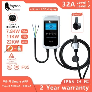 Feyree Type2 EV Caricatore 32A 7.6KW Stazione di ricarica Caricatore per auto 11KW 22KW 3 fasi EVSE Wallbox Schermo da 4,3 pollici Controllo intelligente APP