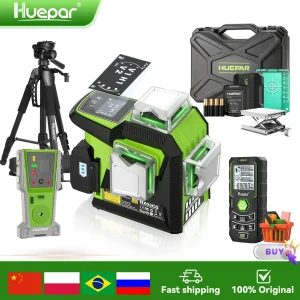 Huepar Livello laser a linee incrociate 3D 12 linee Alta precisione ±2m/10m Laser verde Regola strumento luminoso con schermo LCD e batteria agli ioni di litio