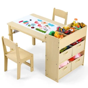 Set tavolo e sedia d’arte per bambini con 2 sedie tavolo artigianale in legno con ripiani, contenitori in tela, rotolo di carta, tavolo per sala giochi per bambini