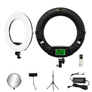 Luci ad anello da 18 pollici con telecomando per treppiede Lampada video a LED FE480 96W Luce di riempimento Studio fotografico bicolore per salone di bellezza per trucco