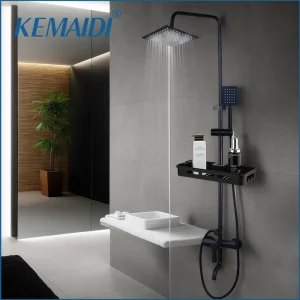 KEMIDI Nero Opaco Doccia A Pioggia Rubinetto Set Singola Leva Vasca Da Bagno Doccia Miscelatore Rubinetto e di Stoccaggio Scaffale Doccia Miscelatore Acqua di Rubinetto