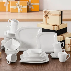 MALACASA Set di stoviglie da 36 pezzi in marmo bianco avorio grigio Set di piatti in ceramica con 6 pezzi Piatto piano/Dessert/Sopa/Tazza/Piro/Botola