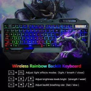 Set tastiera e mouse da gioco wireless Tastiera ricaricabile retroilluminata arcobaleno/RGB e mouse muto da gioco a 7 colori con tappetino