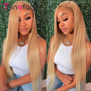 Tuneful 27 #   Parrucche in Capelli Umani Biondo Miele Lisce 180% 13×6 HD con Pizzo Trasparente Frontale per Donne