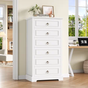 Armadio con 6 cassetti bianchi, 131 cm, comode, in venature del legno, con maniglie ad anello in bronzo, per il sonno